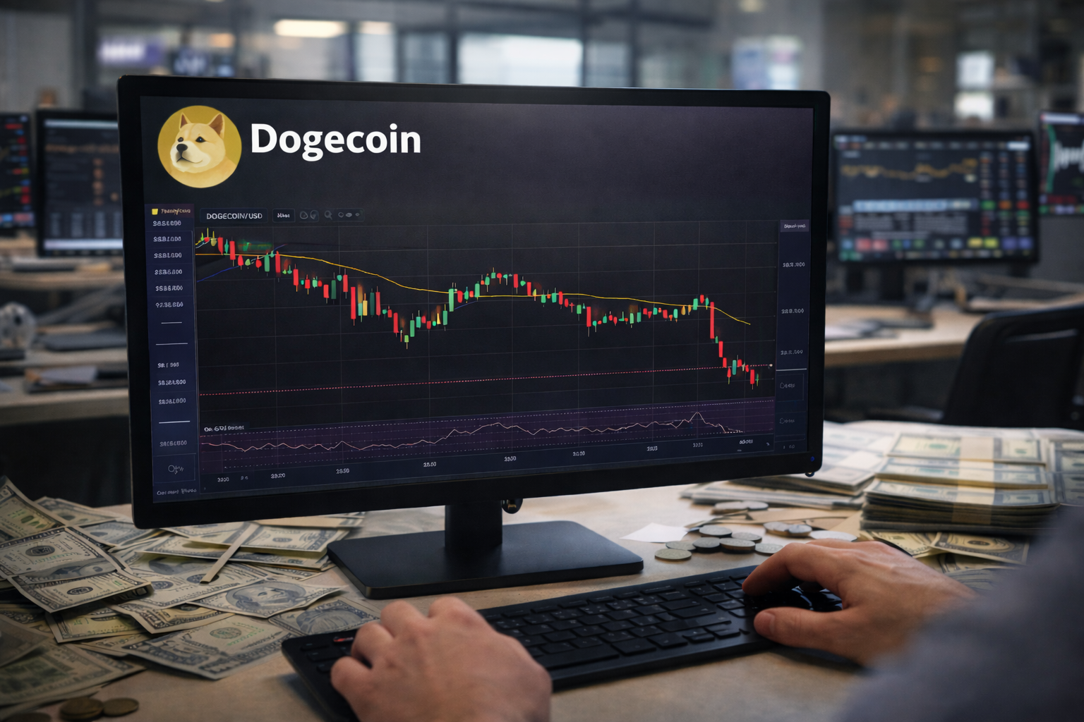 A trader’s hands operate a keyboard while monitoring a Dogecoin candlestick chart on a desktop monitor in a financial office setting.