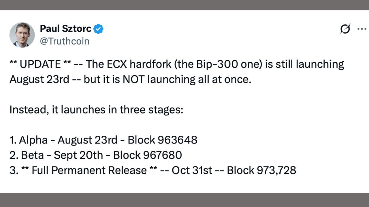 Bitcoin’s ECX Hard Fork Splinters Into 3 Launches Through October – Bitcoin News